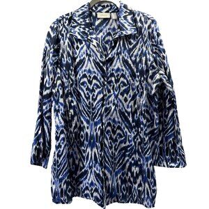 Chicos Women's‎ Top Blouse Size Large 100% Linen Blue White 3/4 Sleeve Button Up